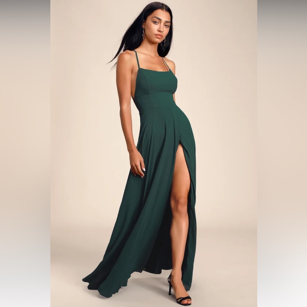 Lulu’s Dreamy Romance Forest Green Backless Maxi Dress
